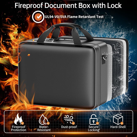 ENGPOW Fireproof Document Box with Lock & 13 Pockets Accordion File Folder