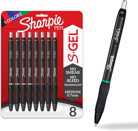 Sharpie S-Gel Gel Pens, Medium Point (0.7mm), Assorted Ink Colors, 8 Count - Back to School, Pens for Journaling & Studying Essentials