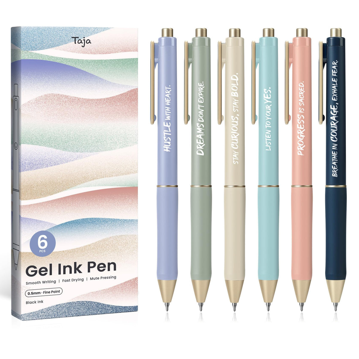 Taja Gel Pens, 6 Pcs Quick Dry Black Ink Pens, 0.5mm Fine Point, Pastel