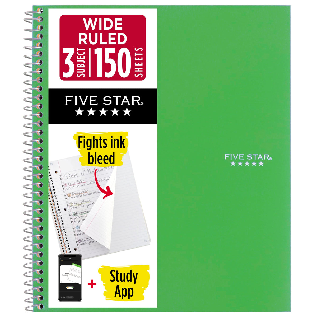 Five Star Spiral Notebook + Study App, 3 Subject, Wide Ruled Paper, 10-1/2" x 8", 150 Sheets, Red (72029)