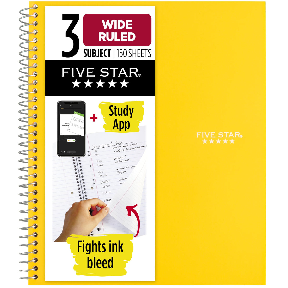 Five Star Spiral Notebook + Study App, 3 Subject, Wide Ruled Paper, 8" x 10-1/2", 150 Sheets, Fights Ink Bleed, Water Resistant Cover, Tidewater Blue (73184)