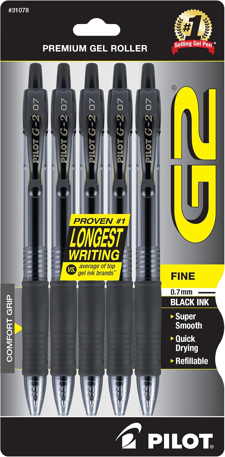 PILOT G2 Premium Gel Pens, Fine Point 0.7mm, Black Ink, 5-Pack