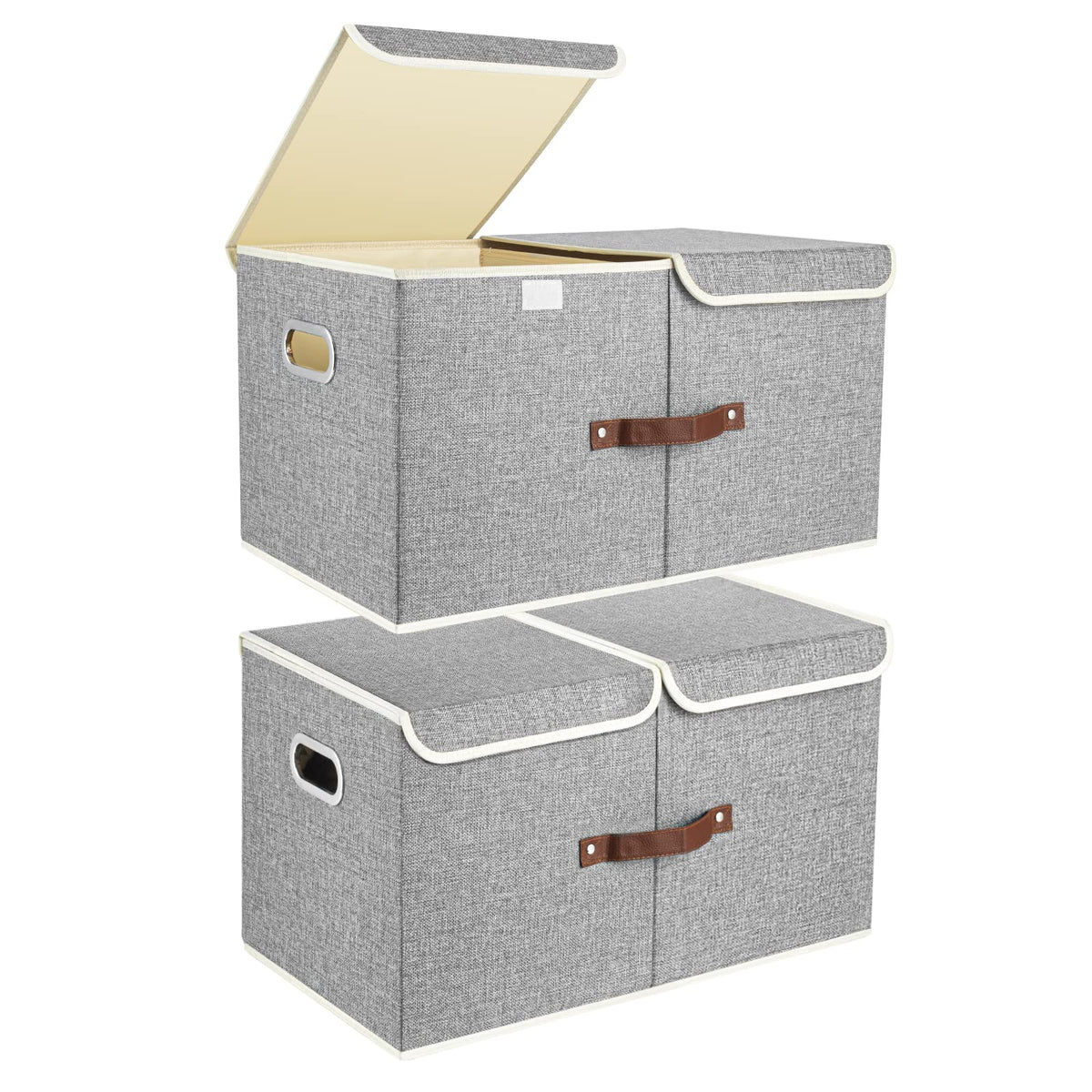TYEERS Extra Large Collapsible Storage Bins with Lids and Compartments, Washable, Fabric Storage Boxes, 21.7x13x11.8 inches, 2 Pack, Beige