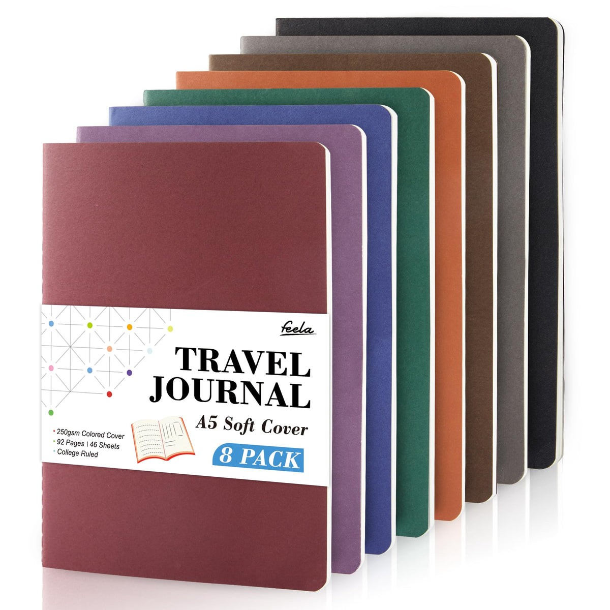 8 Pack Soft Cover Journal Bulk, Feela Notebooks College Ruled for Work, Lined Travel Journal for Women Men, Note Taking Notebook School Supplies Business Writing, 8.2” x 5.5”, A5, Black