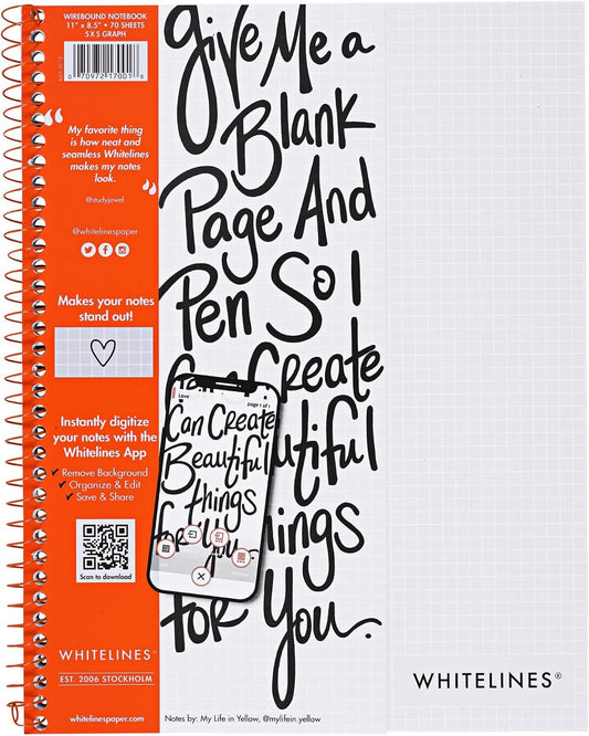ROARING SPRING Whitelines Spiral Graph Ruled Notebook, Digitally Download Your Notes with FREE App, Premium Gray Paper, 11" x 8.5" 70 Sheets