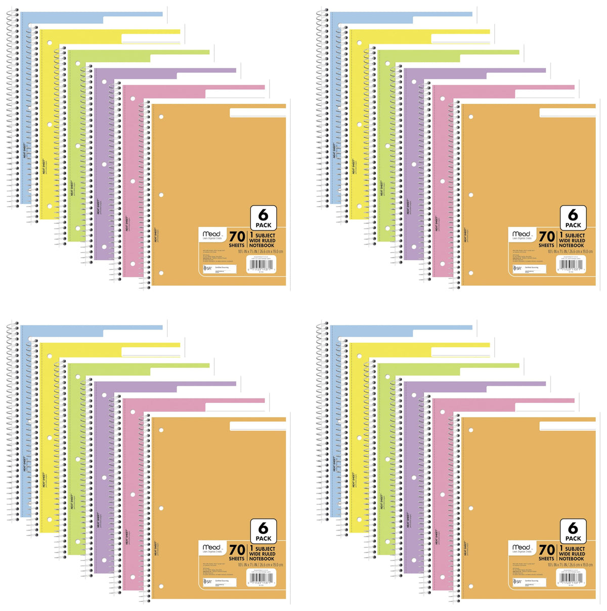 Mead Spiral Notebook, 6 Pack, 1 Subject, Wide Ruled Paper, 7-1/2" x 10-1/2", 70 Sheets per Notebook, Assorted Pastel Colors (930050-ECM)