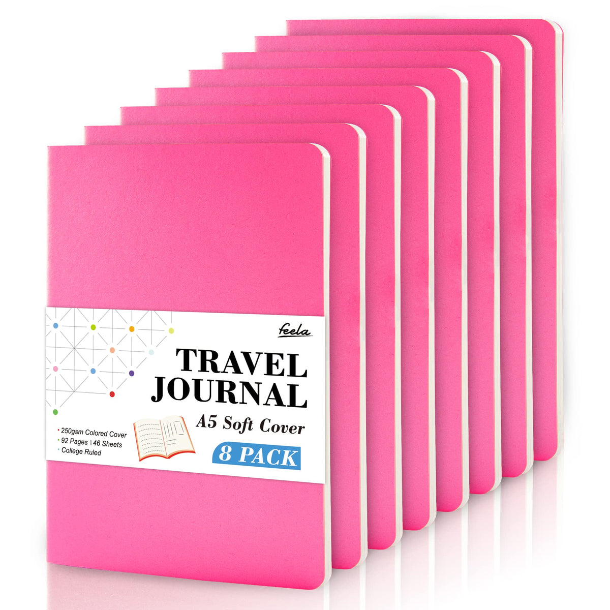 8 Pack Soft Cover Journal Bulk, Feela Notebooks College Ruled for Work, Lined Travel Journal for Women Men, Note Taking Notebook School Supplies Business Writing, 8.2” x 5.5”, A5, Black