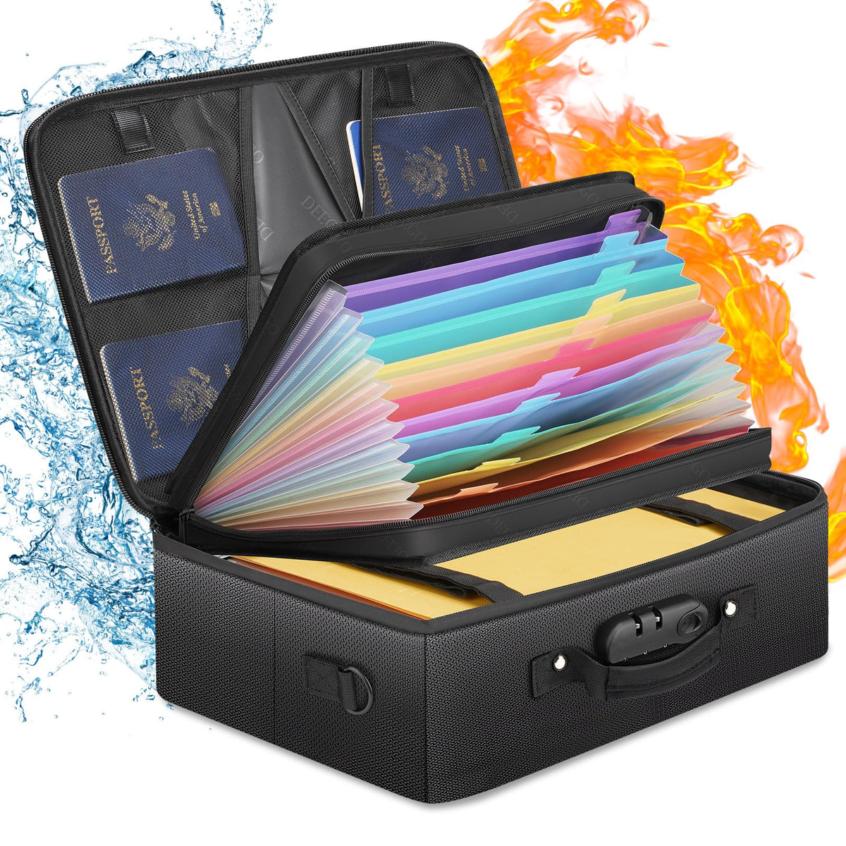 DEEGO Fireproof Document Box, Water-Resistant File Organizer Box with Lock