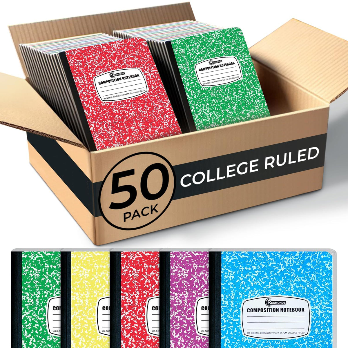 Rosmonde 12 Pack Bulk Composition Notebooks College Ruled, Assorted Colors