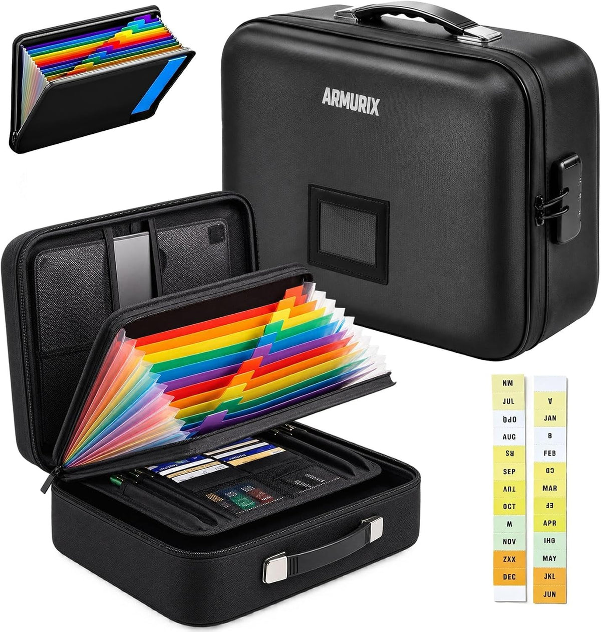 Fireproof Document Box with Lock,Hard-Shell Case File Organizer with 13 Pocket File Folder,Portable Office Travel Storage for Important Documents Passport Laptop (Black, Style B)