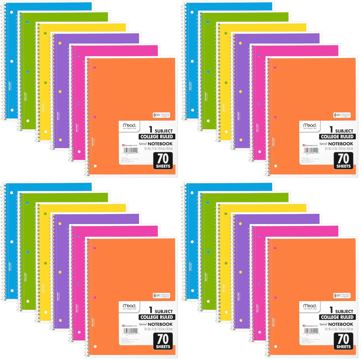 Mead Spiral Notebook, 6 Pack, 1 Subject, Wide Ruled Paper, 7-1/2" x 10-1/2", 70 Sheets per Notebook, Assorted Pastel Colors (930050-ECM)