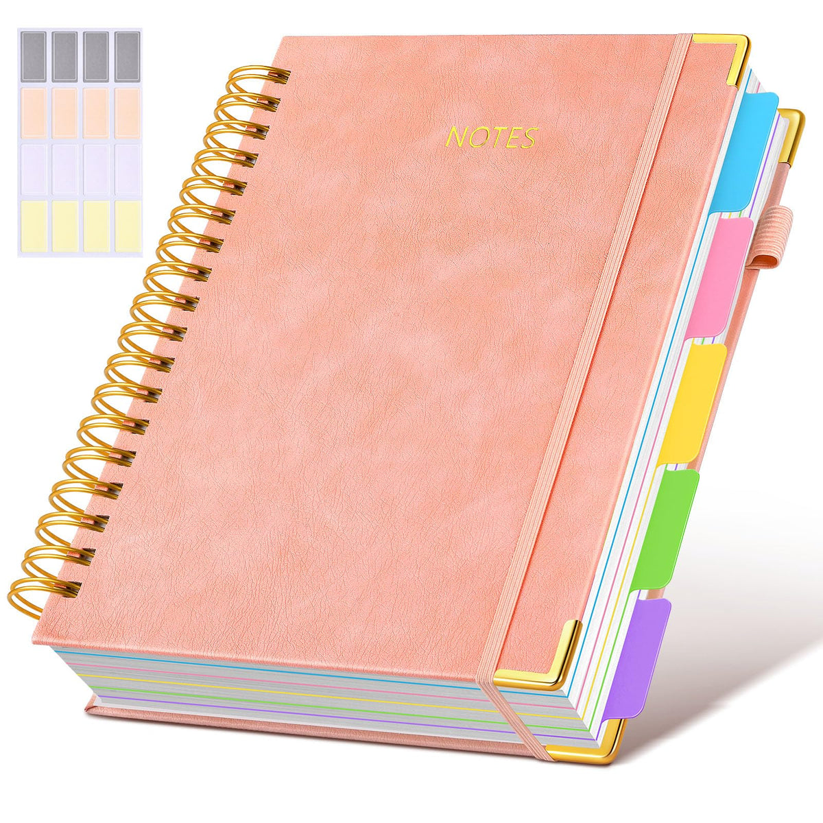 Hardcover Spiral Notebook journal with Removable Dividers Tabs, 300 Pages Leather 5 Subject Notebook College Ruled, 8"x10" Large B5 Notebooks for Work School Note taking, Lined Journal for Women,Pink
