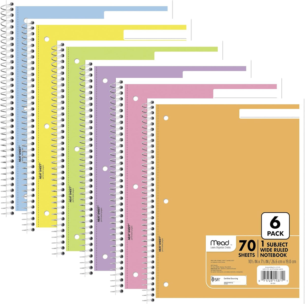 Mead Spiral Notebook, 6 Pack, 1 Subject, Wide Ruled Paper, 7-1/2" x 10-1/2", 70 Sheets per Notebook, Assorted Pastel Colors (930050-ECM)
