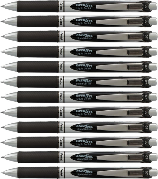 Pentel EnerGel RTX Retractable Liquid Gel Pen, (0.7mm) Medium Line, Metal Tip, Black Ink, Box of 12 (BL77-A)