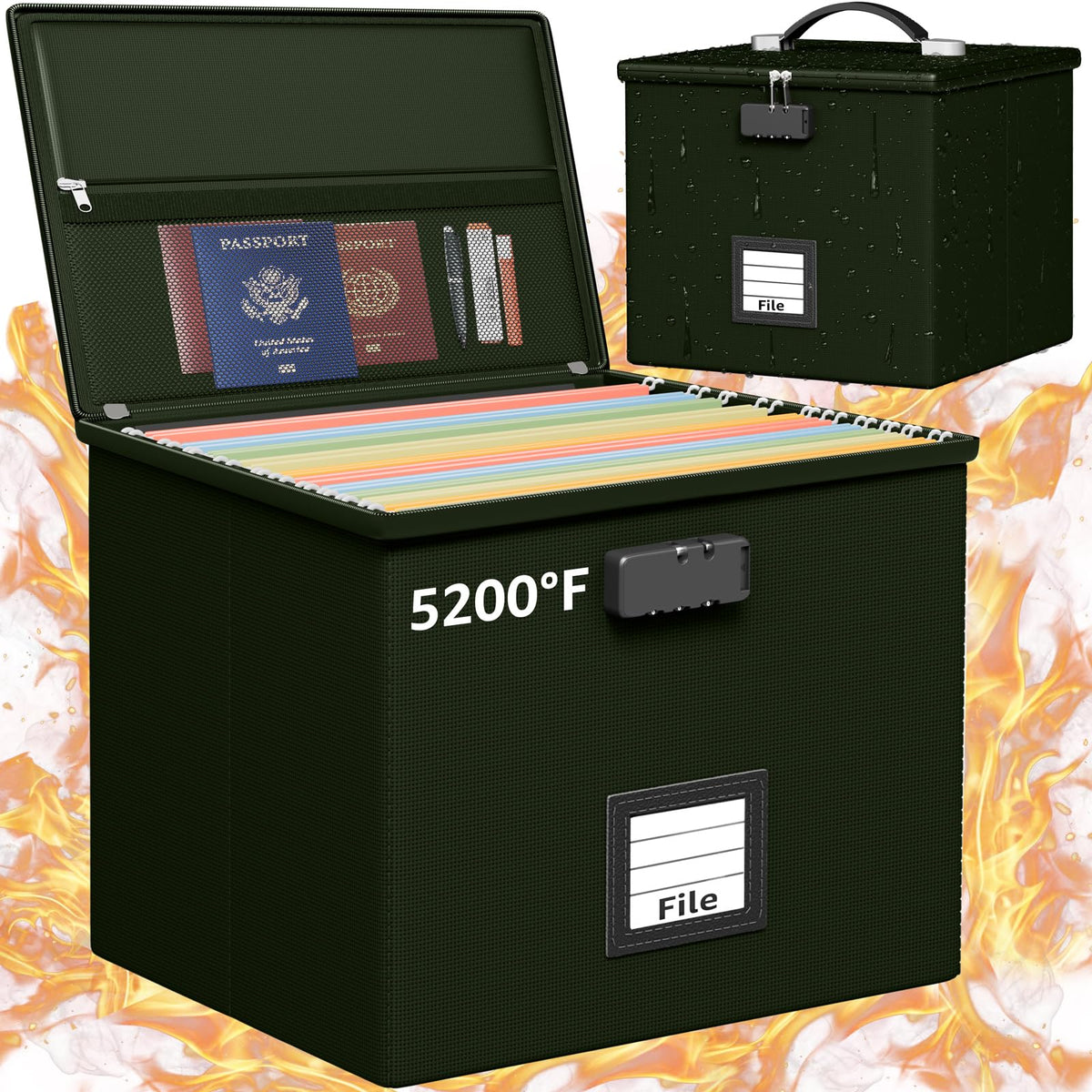 Fire Proof File Box for Documents - Portable Fireproof Document Organizer Box with Handle Waterproof Safe Locking Folder Storage with Lid