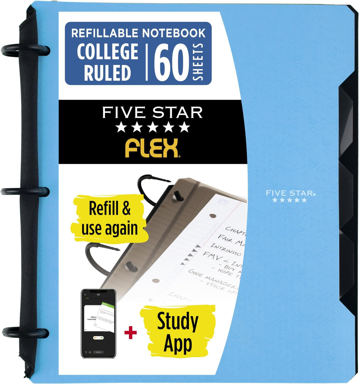 Five Star Flex Refillable Notebook + Study App, College Ruled Paper and 1 Inch TechLock Ring Binder with Pockets, Tabs and Dividers, 200 Sheet Capacity, Seaglass Green (293280AQ8)