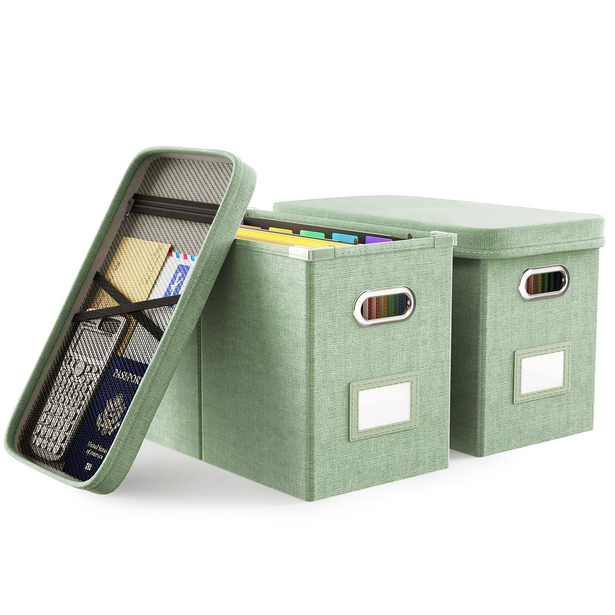 Oterri File Organizer Box with Lid, Hanging Filing File Box with Mesh Pocket, Document Organizer Box for Letter Files, Portable Storage Box(1 PCS, Green)