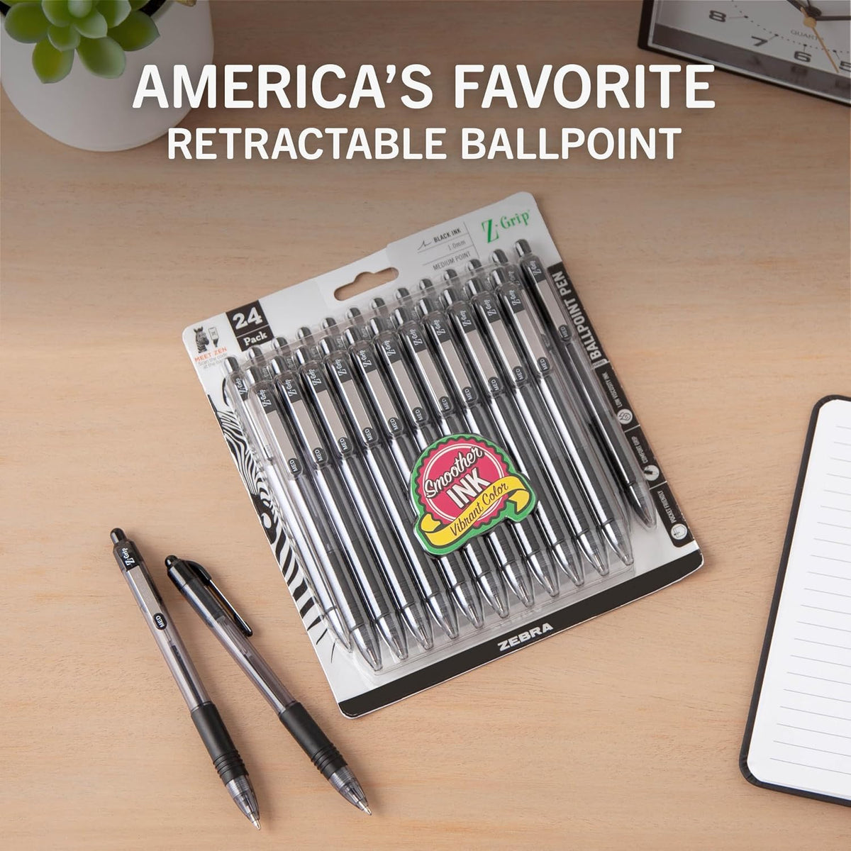 Zebra Pen Z-Grip Retractable Ballpoint Pen, Black Ink, 1.0mm, 24 Bulk-Pack