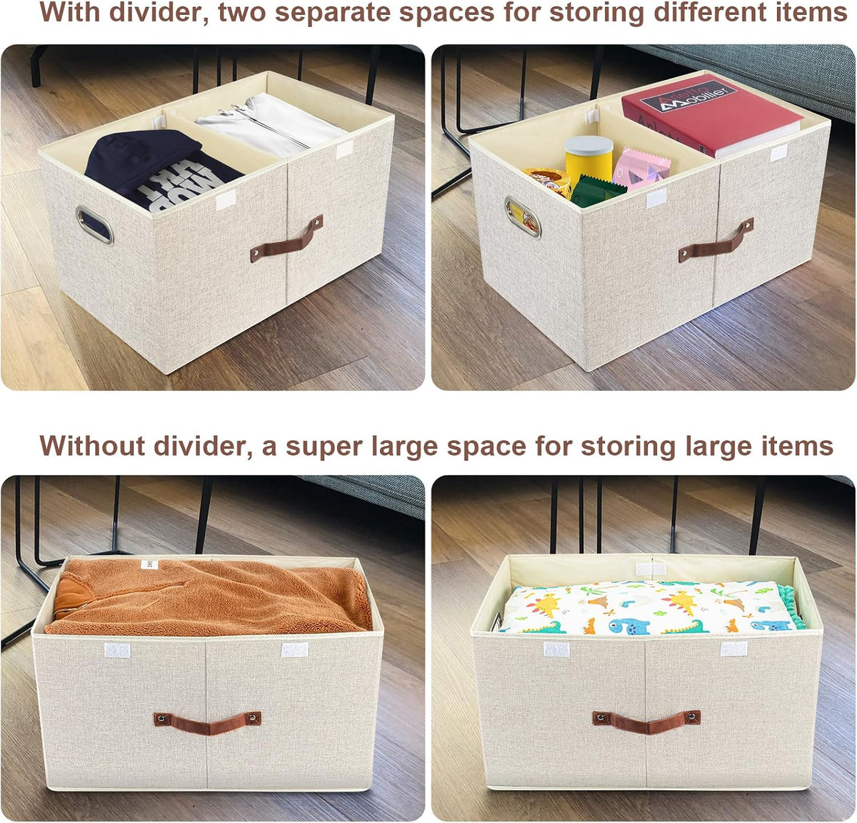 TYEERS Extra Large Collapsible Storage Bins with Lids and Compartments, Washable, Fabric Storage Boxes, 21.7x13x11.8 inches, 2 Pack, Beige