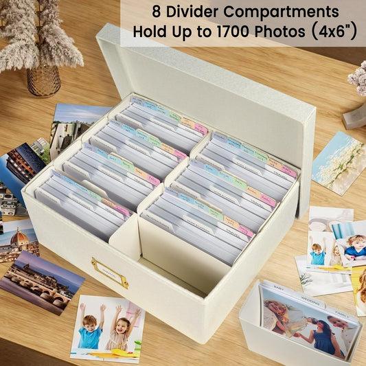 Linen Photo Storage & Keepsakes Box with Dividers for Cards & Photos