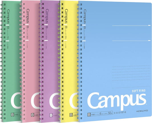 KOKUYO Spiral Lined Notebook, 5 Pack 8.3'' x 5.8'' Pastel Journal A5 Campus Soft Ring Notebooks with Dot 6 mm Ruled, 50 Sheets, 1 Subject Notebook, Note Taking for School (SU-S131BT)