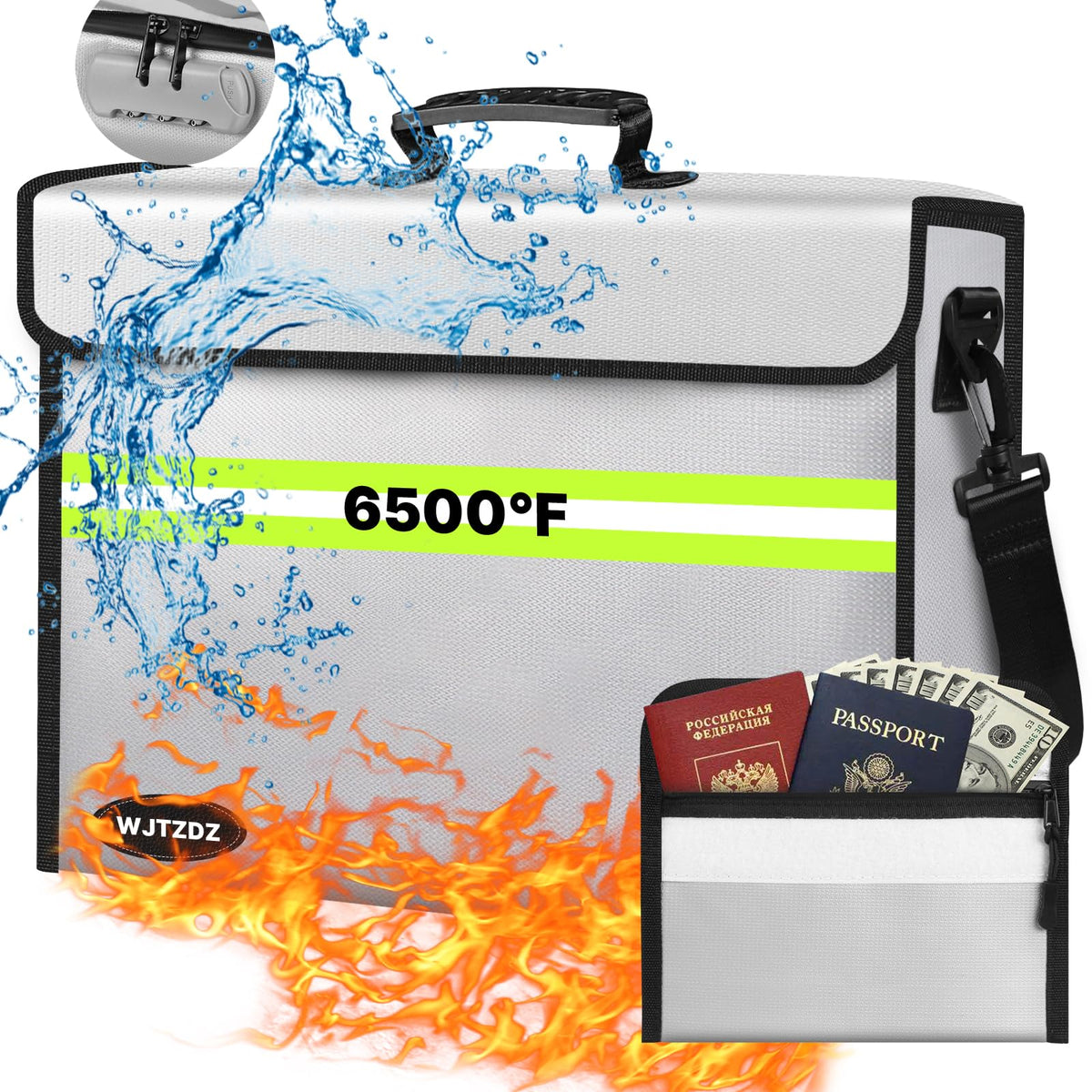6500°F Fireproof Document Bag with Lock-Fireproof Box with 10 Layers Insulation Materials&Waterproof Zipper,Removable Wallet,Reflective Strip for Cash,Documents,Jewelry(14.2”x 9.6”x 4.1”)