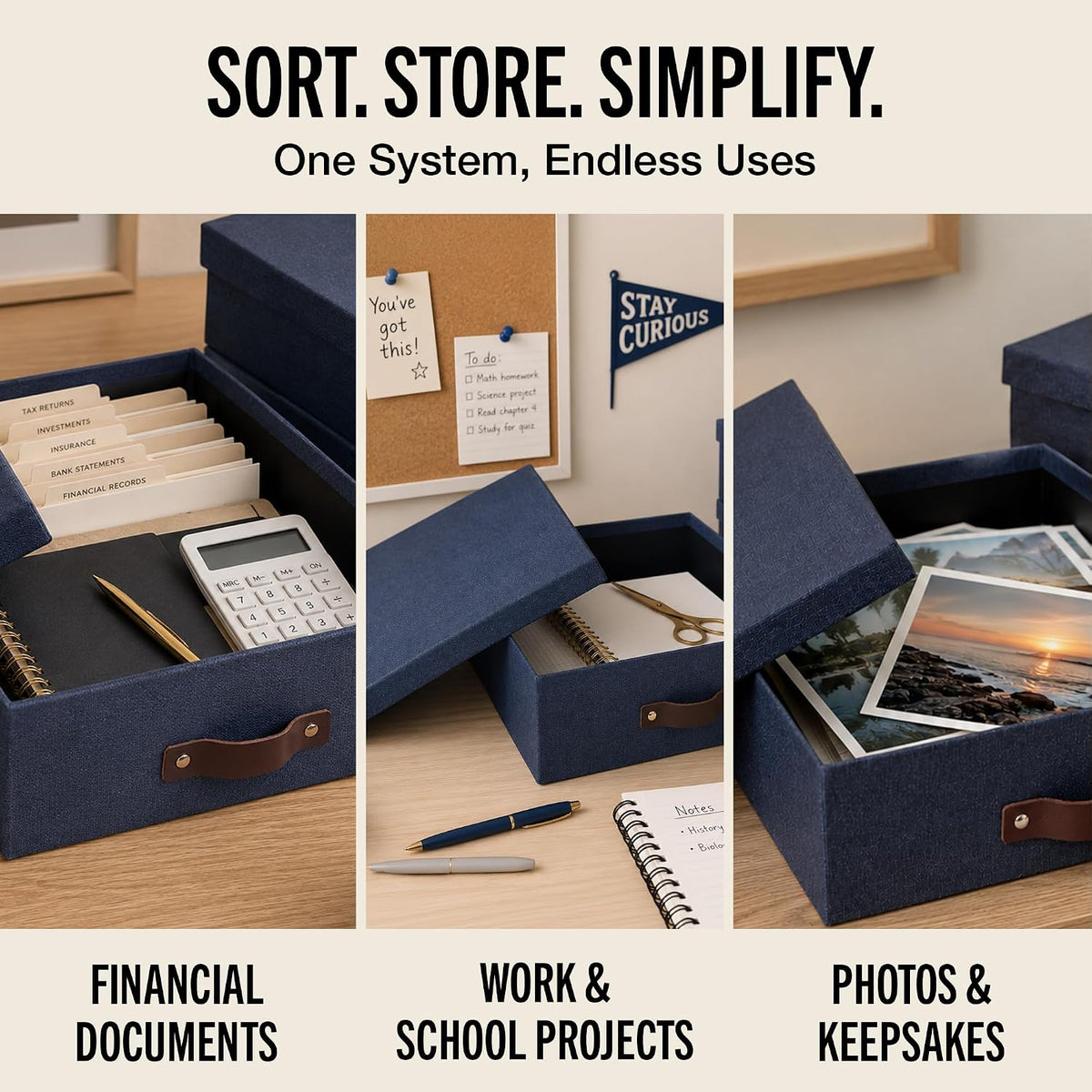 Bigso Oskar Canvas Fiberboard Document Letter Box - File Organizer Box for Important Paperwork - Document Storage with a Lid & Handle - 3.3 in x 10.2 in x 13.8 in - 3 Pack - Blue