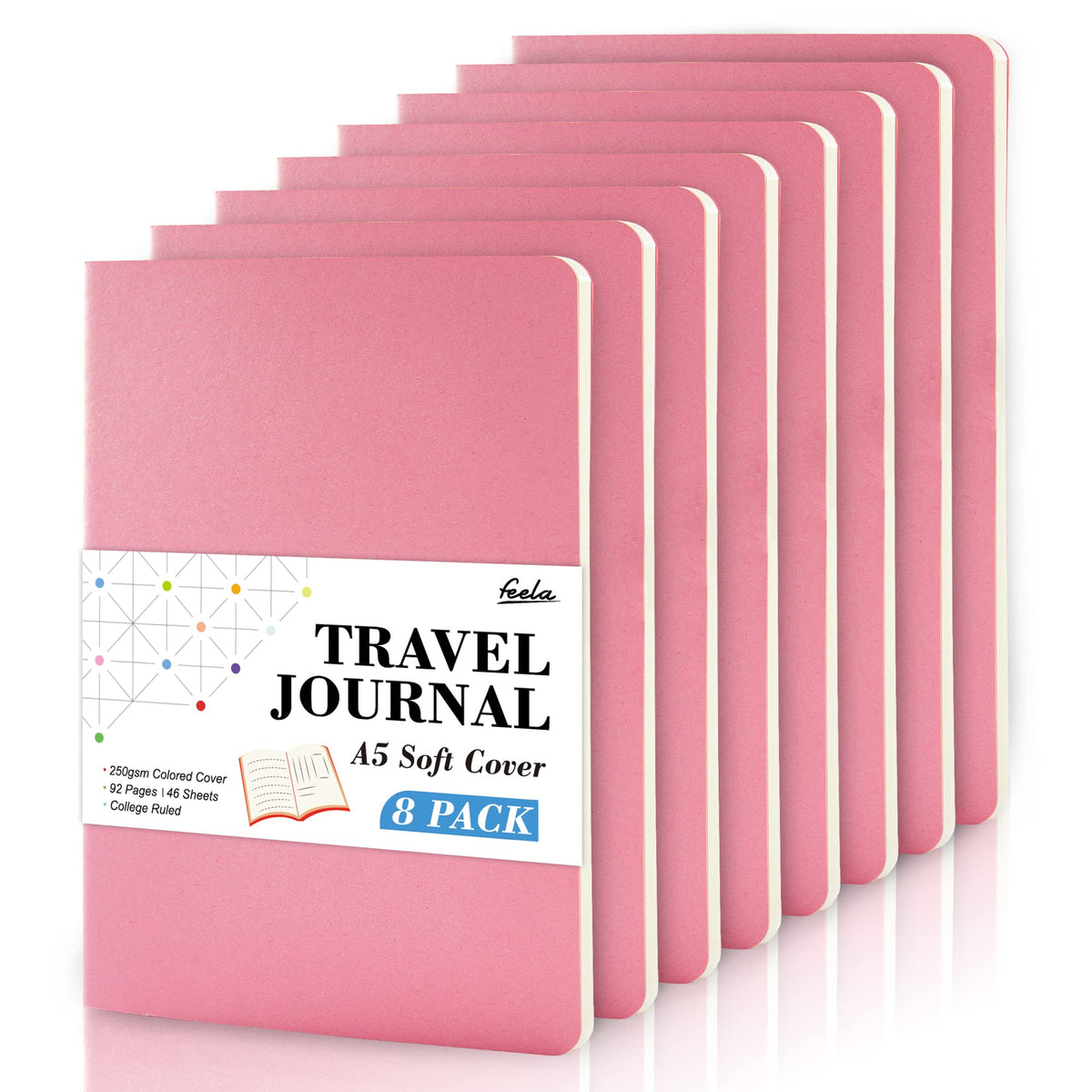 8 Pack Soft Cover Journal Bulk, Feela Notebooks College Ruled for Work, Lined Travel Journal for Women Men, Note Taking Notebook School Supplies Business Writing, 8.2” x 5.5”, A5, Black