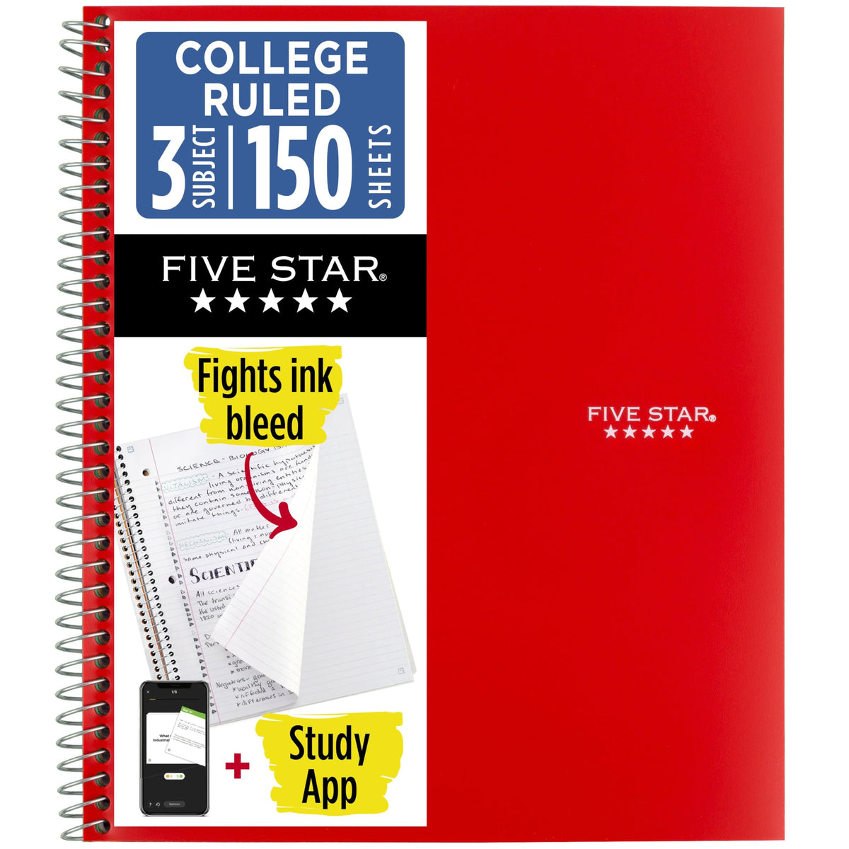 Five Star Spiral Notebook + Study App, 3 Subject, College Ruled Paper, Fights Ink Bleed, Water Resistant Cover, 8-1/2" x 11", 150 Sheets, Black (72069)