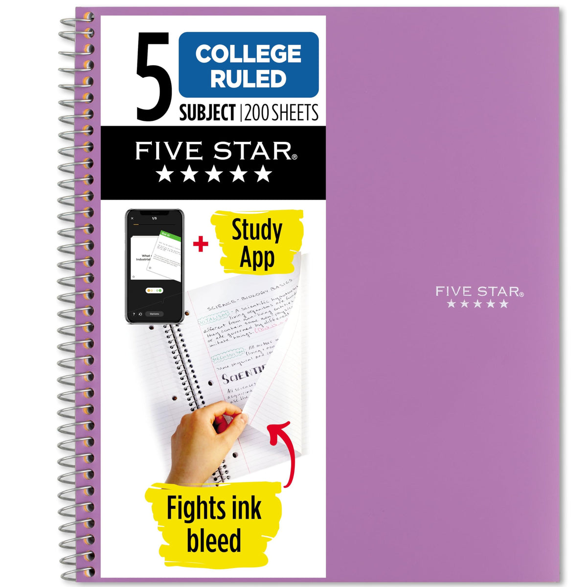 Five Star Spiral Notebook + Study App, 5 Subject, College Ruled Paper, 8-1/2" x 11", 200 Sheets, Fights Ink Bleed, Water Resistant Cover, Pacific Blue (73635)
