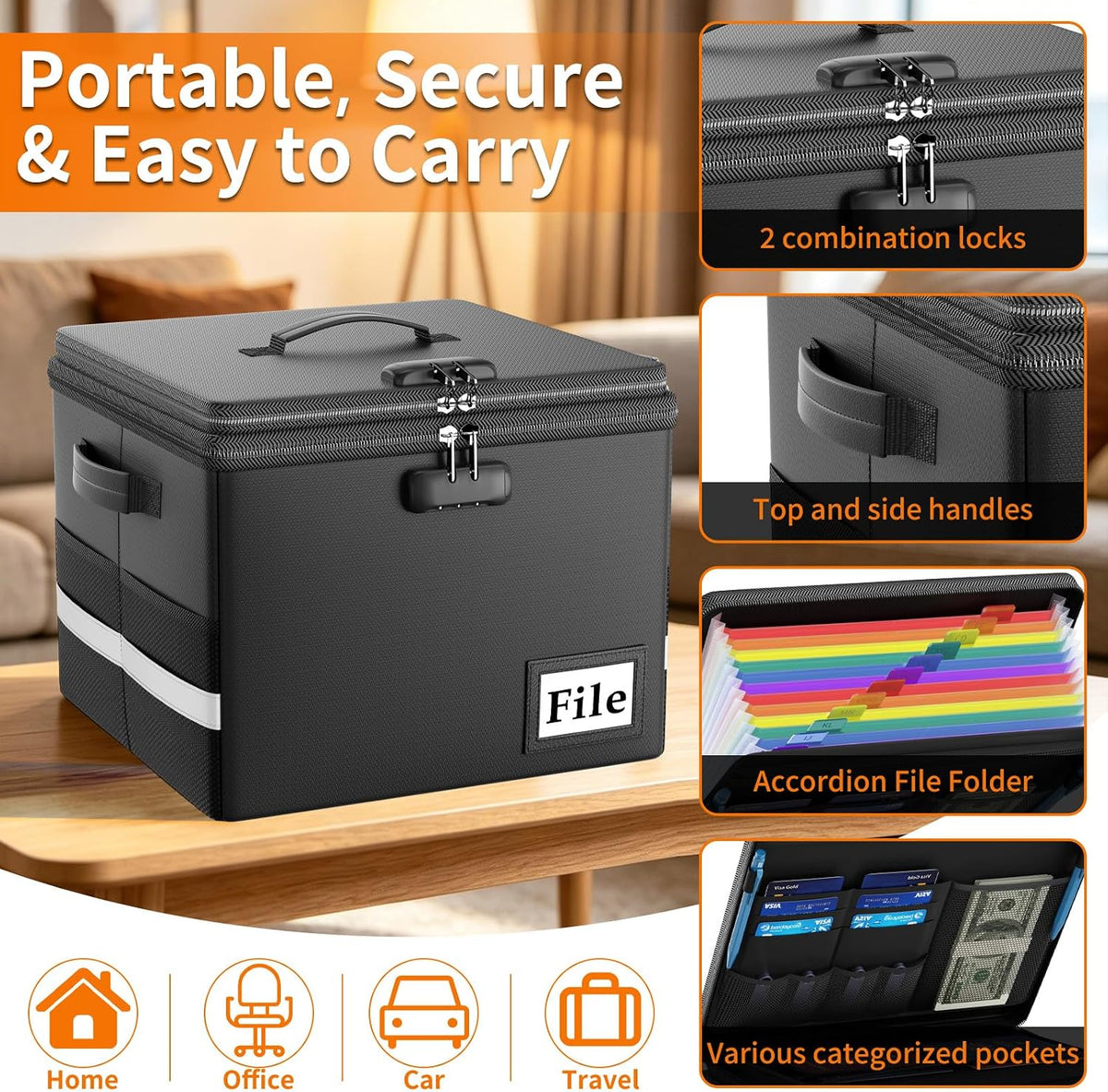 ENGPOW Fireproof Document Box with Locks and Accordion File Folder,Black