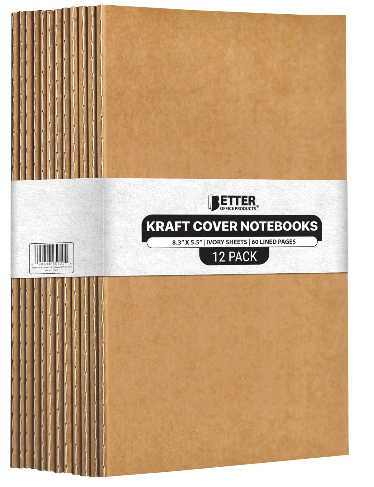 Better Office Products Kraft Notebooks Lined Paper, 12 Pack, 8.3 in x 5.5 in, A5 Size, 60 Lined Ivory Pages, 80 gsm, Soft Cover Composition Notebooks, Stitched Spines, Kraft Travel Journals