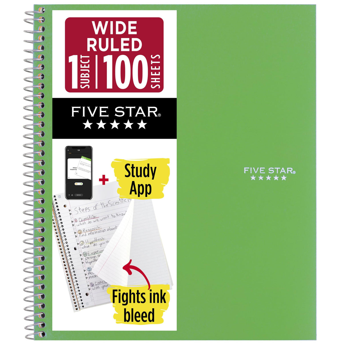 Five Star Spiral Notebook + Study App, 1 Subject, Wide Ruled Paper, 8" x 10-1/2", 100 Sheets, Fights Ink Bleed, Water Resistant Cover, Tidewater Blue (72875)