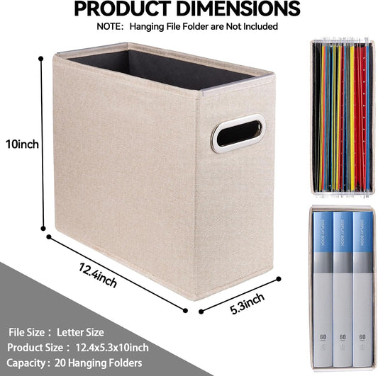 4 Pack Letter Size File Storage Box Collapsible, Fabric Hanging File Folders Organizer, Portable Office Document Holder with Metal Handle, Smooth PVC Rails, Beige