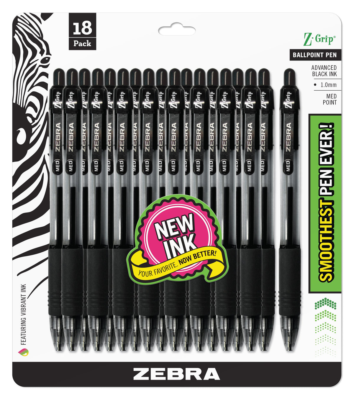 Zebra Pen Z-Grip Retractable Ballpoint Pen, Black Ink, 1.0mm, 18-Pack