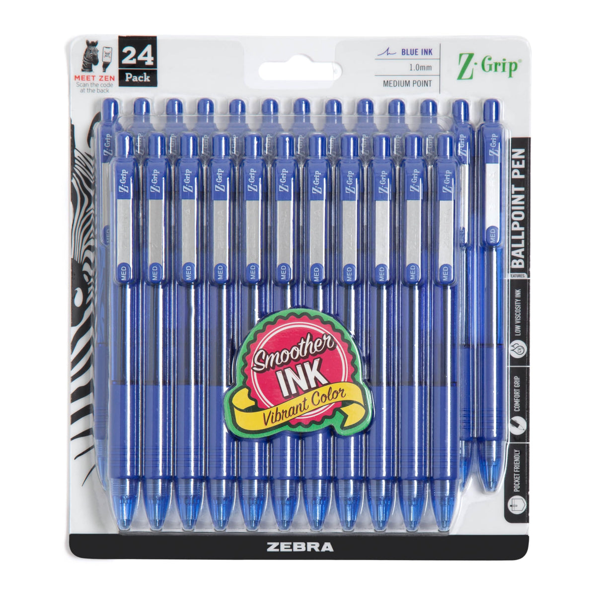 Zebra Pen Z-Grip Retractable Ballpoint Pen, Black Ink, 1.0mm, 24 Bulk-Pack