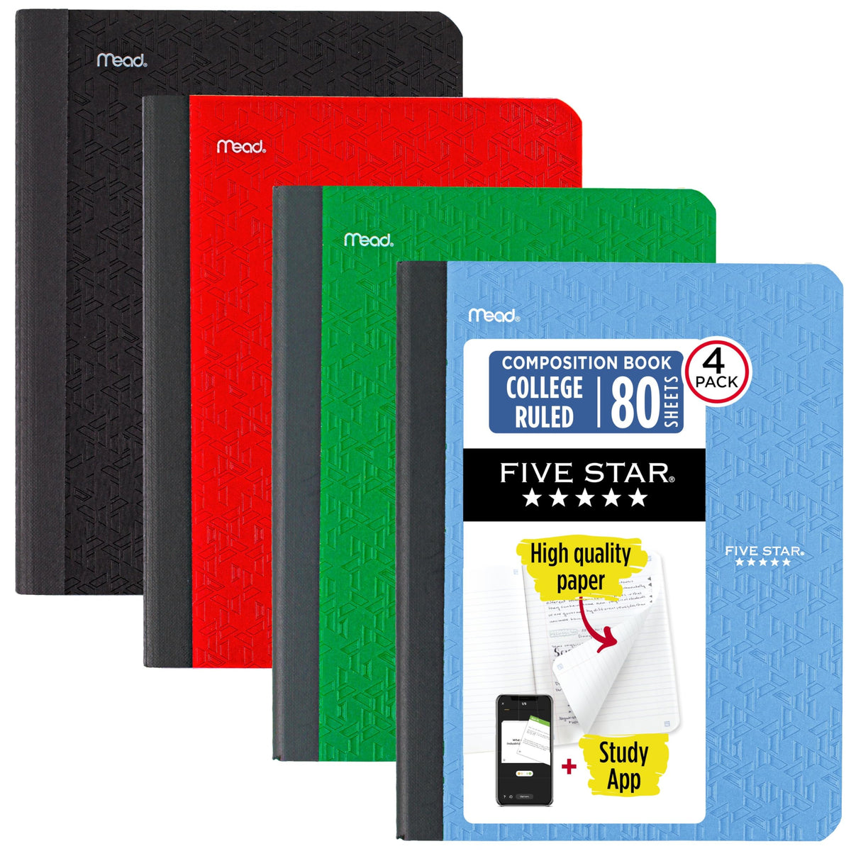 Five Star Composition Book + Study App, 4 Pack, Wide Ruled Paper, 7-1/2" x 9-3/4", 80 Sheets, Forest Green, Tidewater Blue, Fire Red and Harvest Yellow (950033B-ECM)