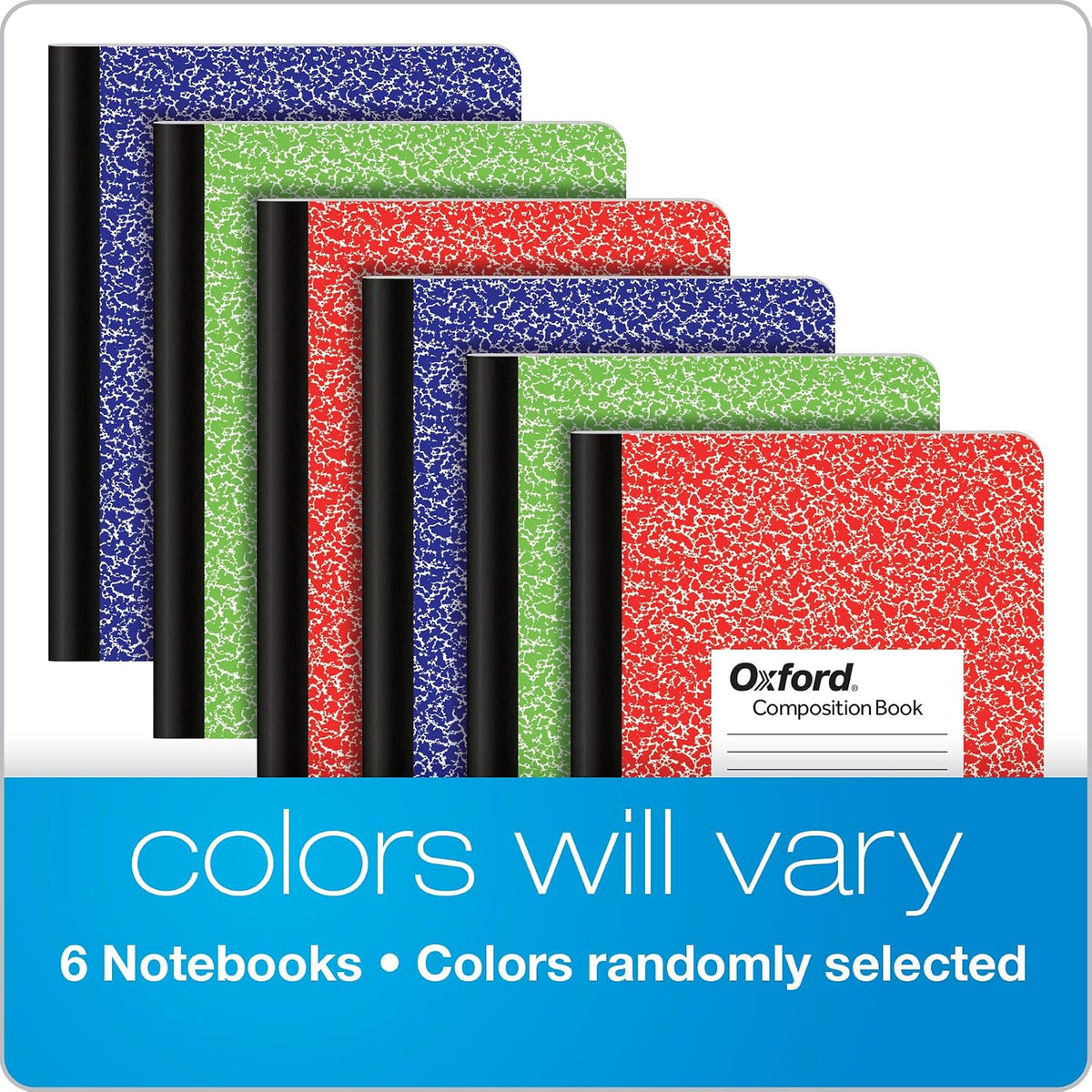 Oxford Composition Notebook 6 Pack, College Ruled Paper, 9-3/4 x 7-1/2 Inches, 100 Sheets, Assorted Marble Covers. 2 Each: Blue, Green, Red (63763)