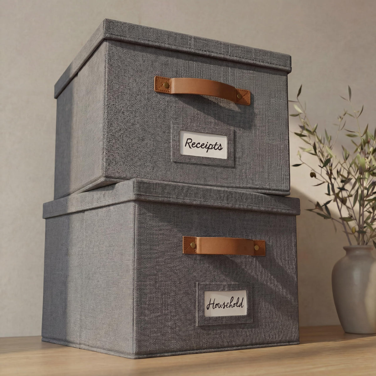Decorative File Organizer Box Set of 2 - Collapsible Linen Filing Cabinets