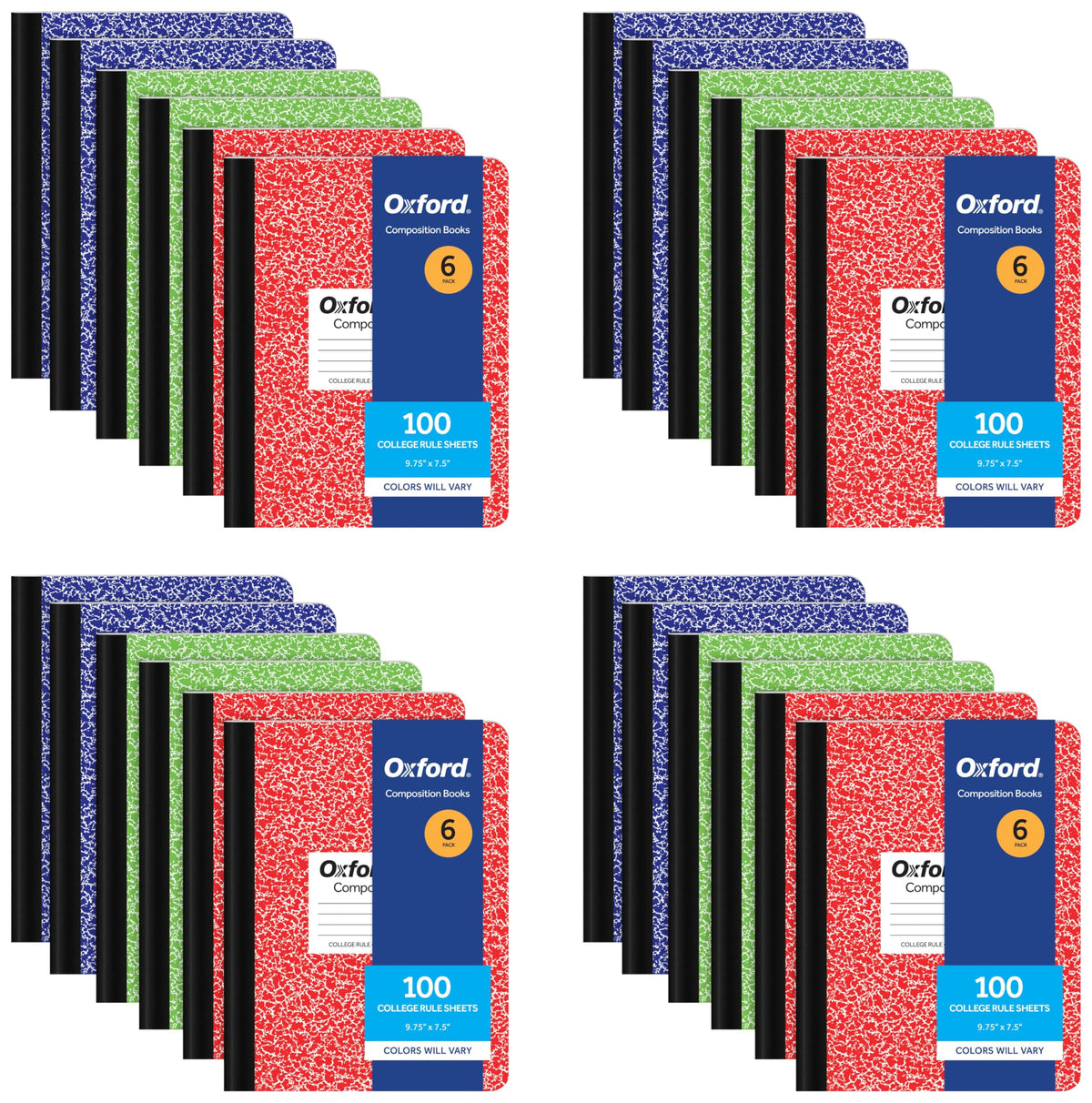 Oxford Composition Notebook 6 Pack, College Ruled Paper, 9-3/4 x 7-1/2 Inches, 100 Sheets, Assorted Marble Covers. 2 Each: Blue, Green, Red (63763)