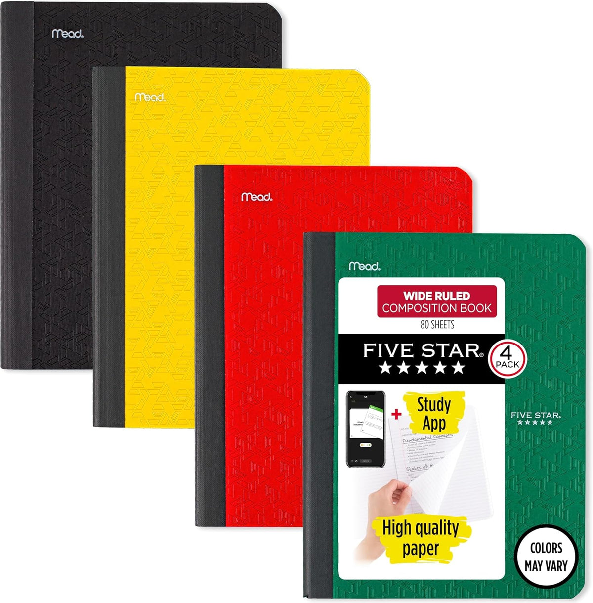Five Star Composition Book + Study App, 4 Pack, Wide Ruled Paper, 7-1/2" x 9-3/4", 80 Sheets, Forest Green, Tidewater Blue, Fire Red and Harvest Yellow (950033B-ECM)