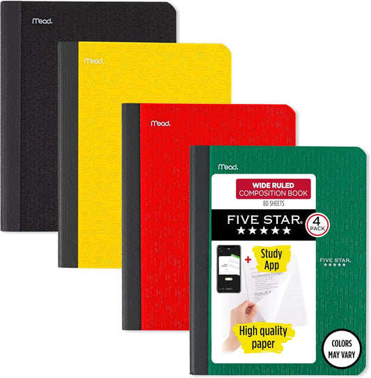 Five Star Composition Book + Study App, 4 Pack, Wide Ruled Paper, 7-1/2" x 9-3/4", 80 Sheets, Forest Green, Tidewater Blue, Fire Red and Harvest Yellow (950033B-ECM)