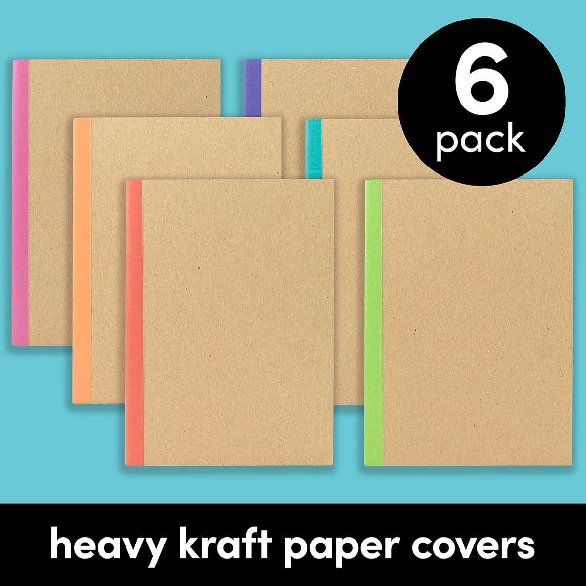 PAPERAGE 6-Pack Composition Notebook Journals, 120 Pages, Kraft Cover with Rainbow Spines, College Ruled Lined Paper, Small Size (8 in x 5.75 in) – for Home, Office or School Supplies